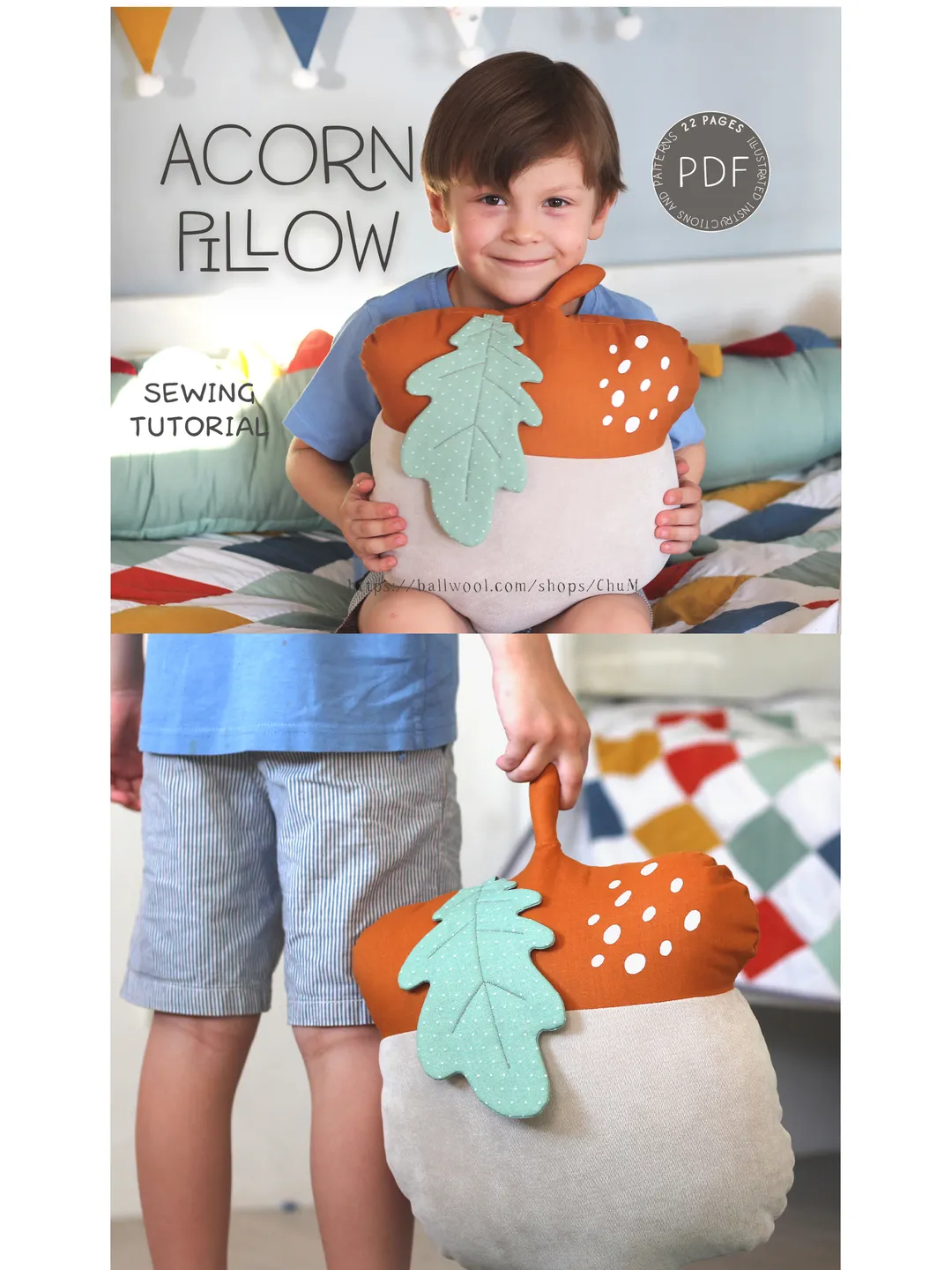 Acorn pillow sewing pattern, Acorn pillow toy sewing pattern. DIY Tutorial in PDF Format. Digital Pattern for Easy Sewing.