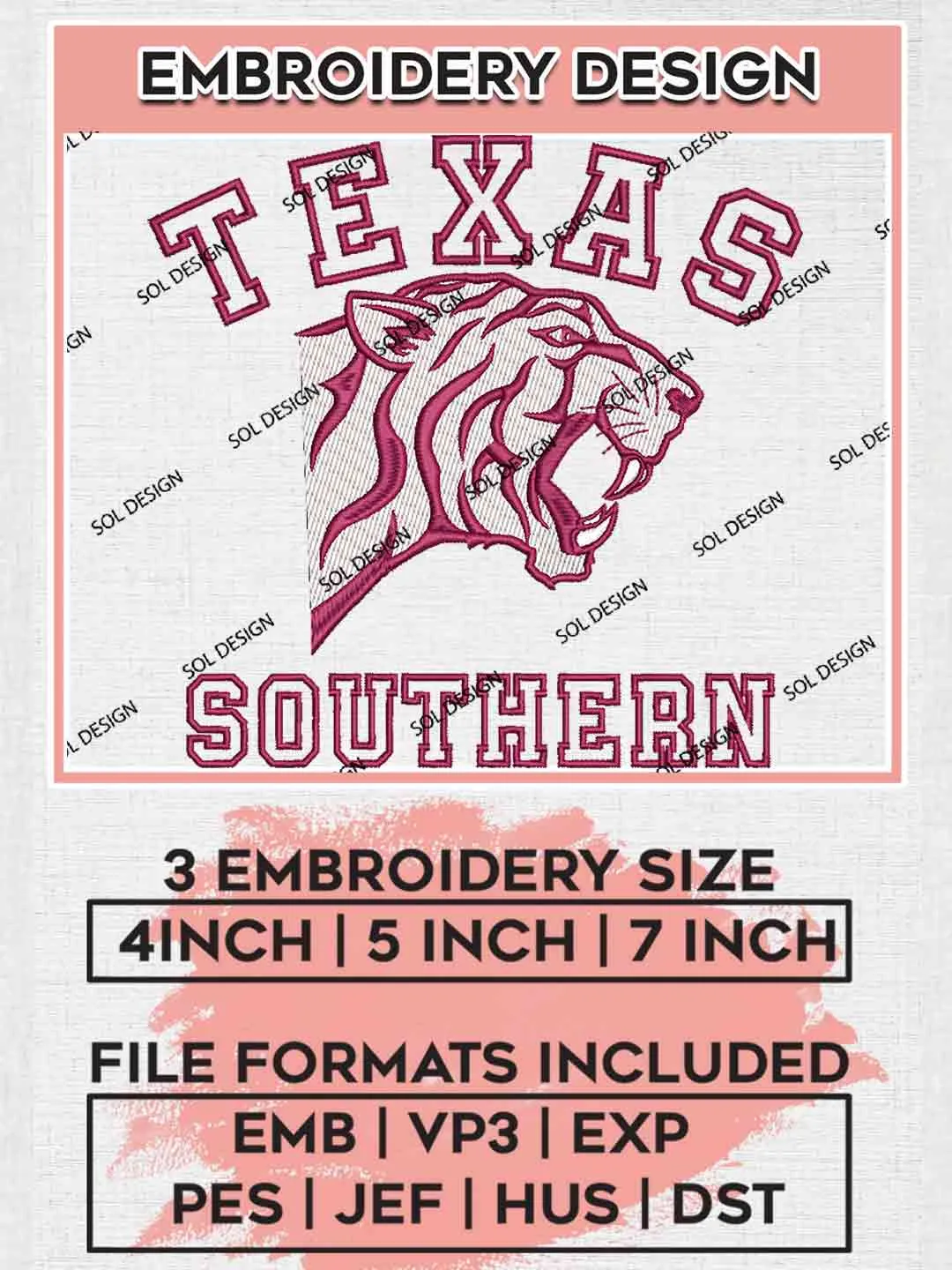 Texas Southern Tiger Embroidery Design, Football Embroidery files, Sport Machine embroidery files, 3 sizes, Instant Download