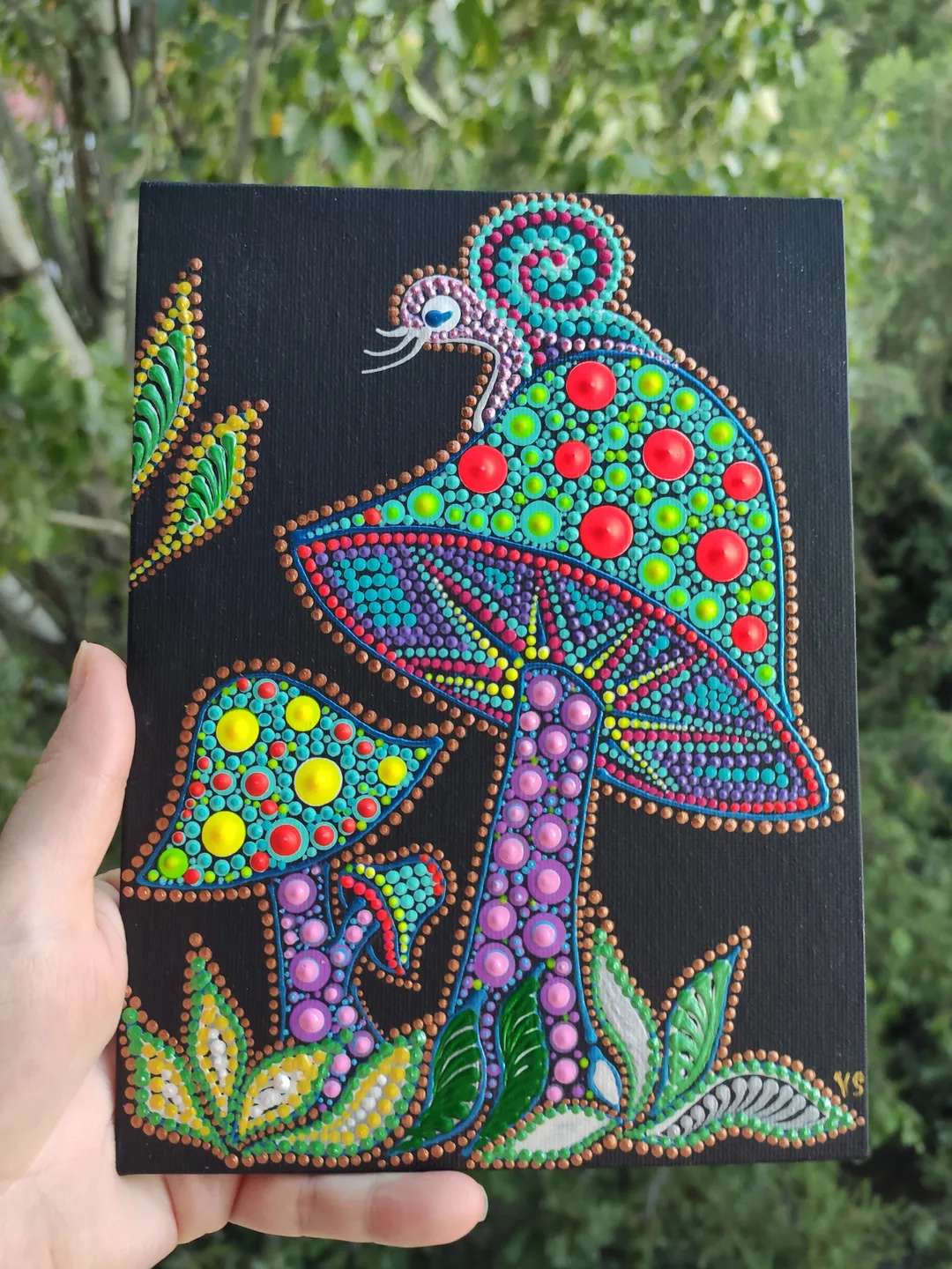 Magic Mushrooms Dot Art Acrylic Painting Small Canvas 15 by 20 cm Original Artwork