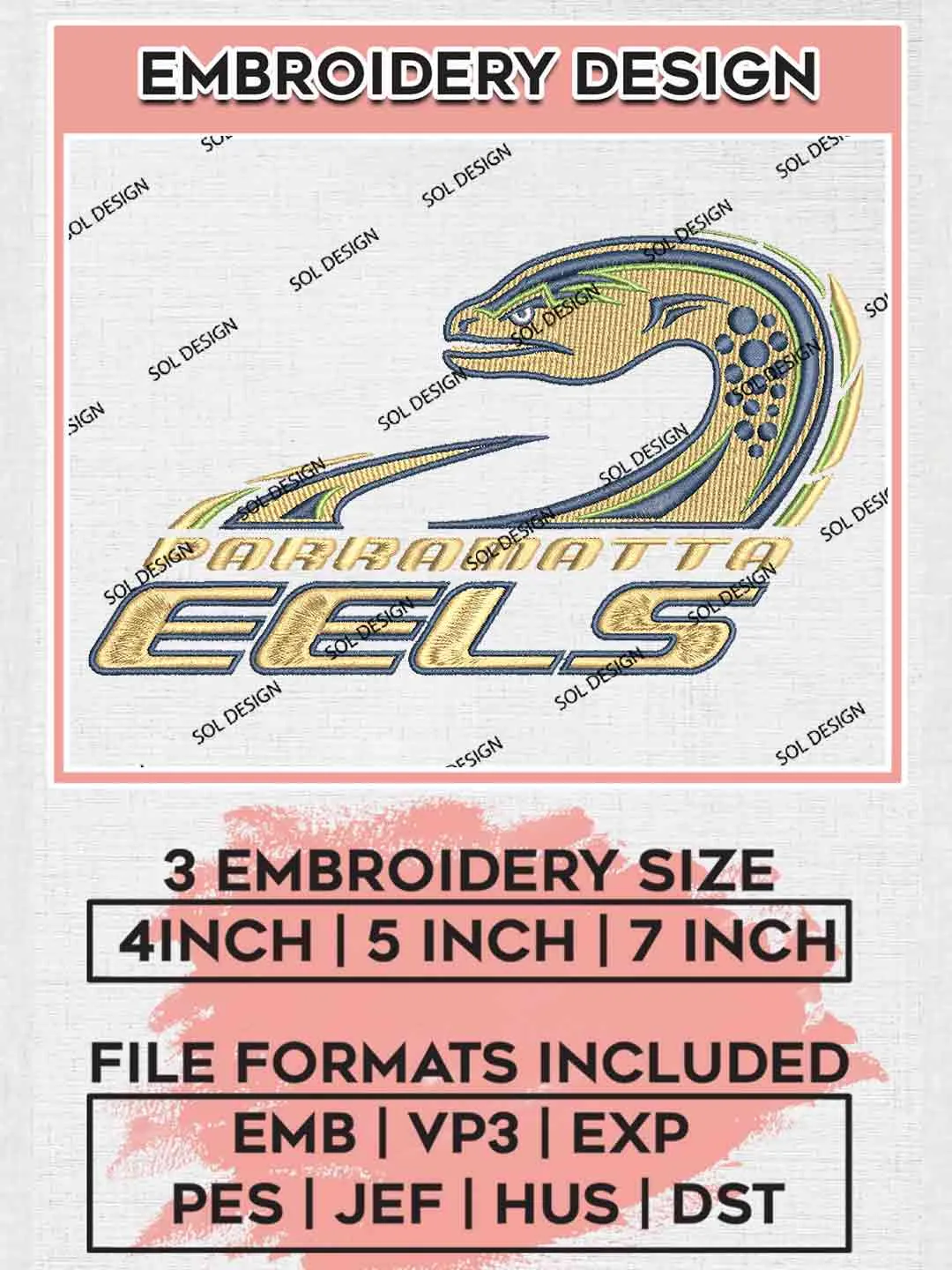 NRL Parramatta Eels Embroidery Design Files, National Rugby League Embroidery Design, Parramatta Eels Logo Embroidery Design, NRL Machine Embroidery Digitized Pes File, 3 Sizes, Instant Download