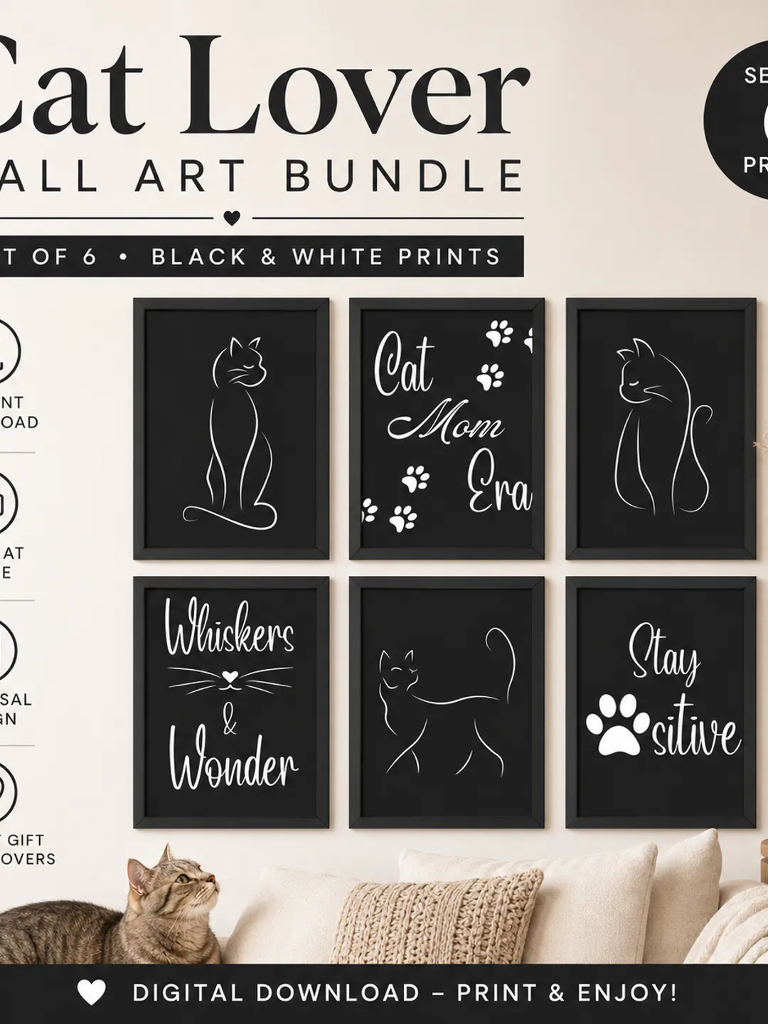 Minimalist Cat Line Art Print Set of 6, Black Background Wall Art, Cat Mom Printable, Cat Decor, Cat lover black Aesthetic Gallery Wall, Digital Download