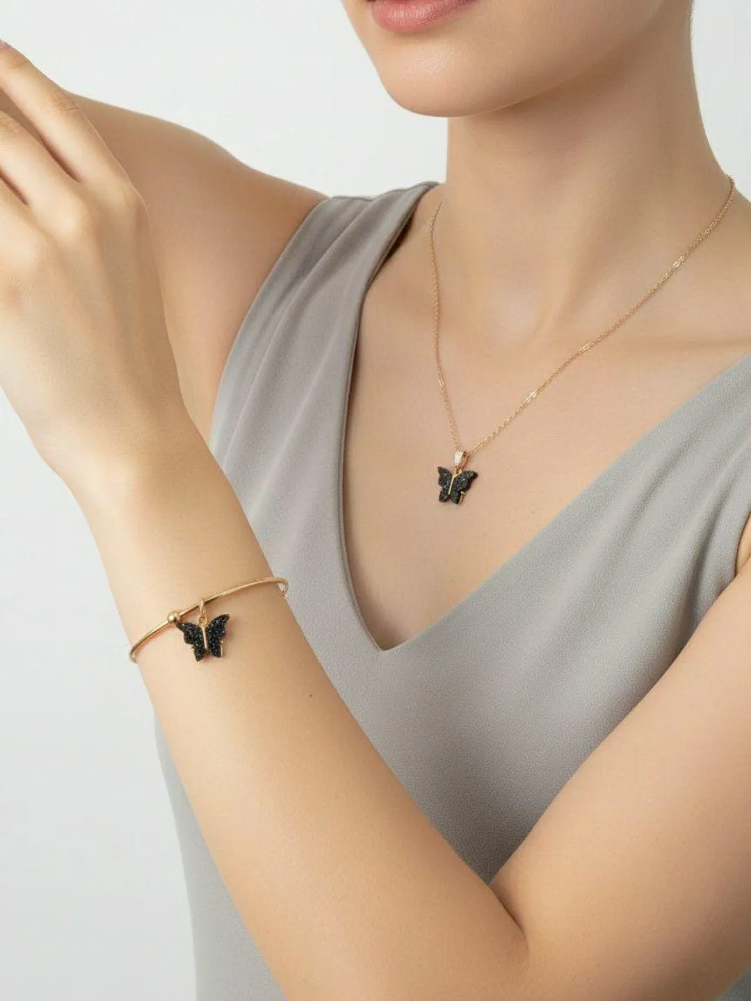 Dainty Black Butterfly Charm Jewelry Set, Rose Gold Bangle and Pendant, Nature Gift
