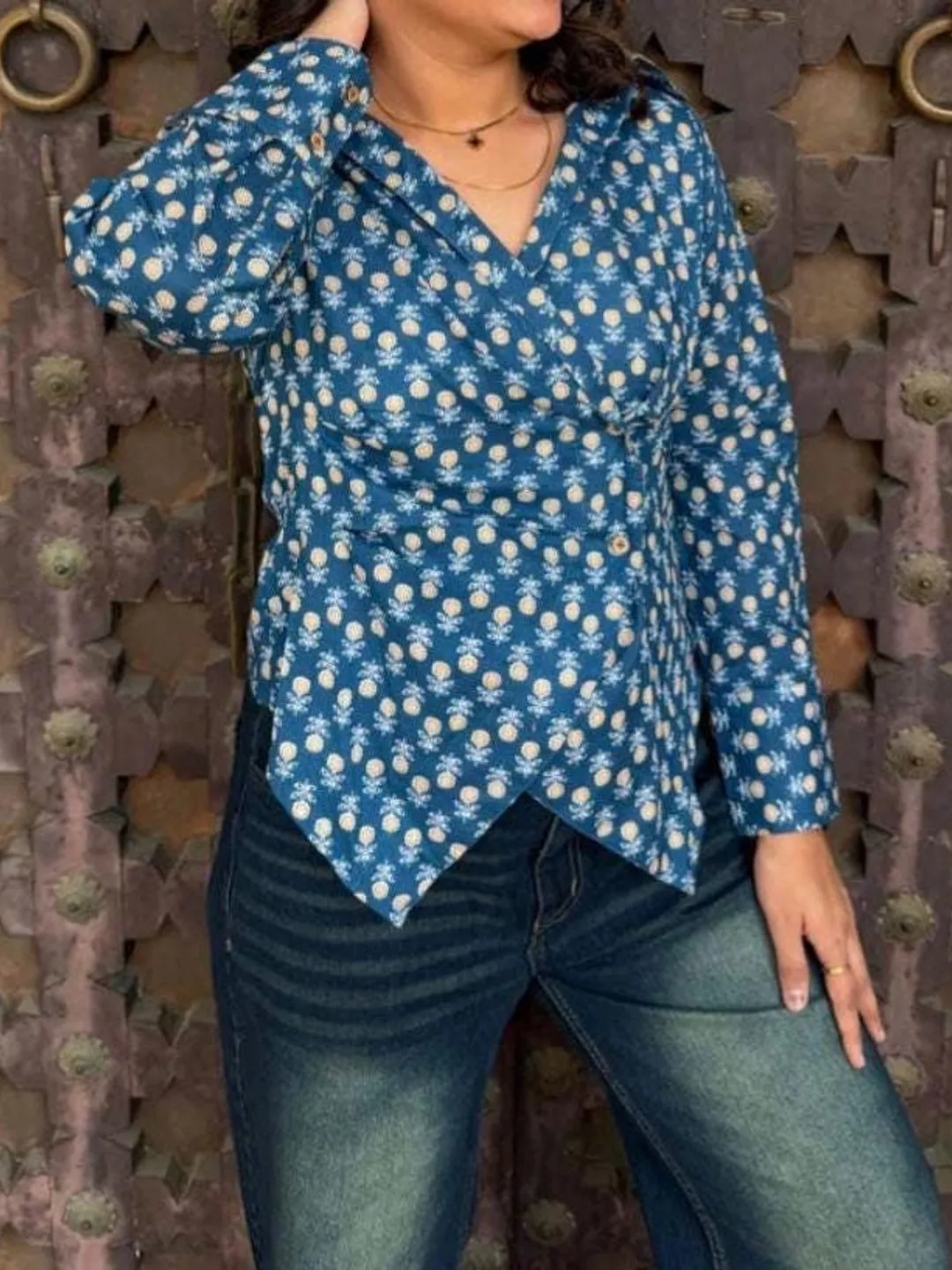 Blue Floral Cotton Wrap Top | Hand Block Print Boho Tunic Top