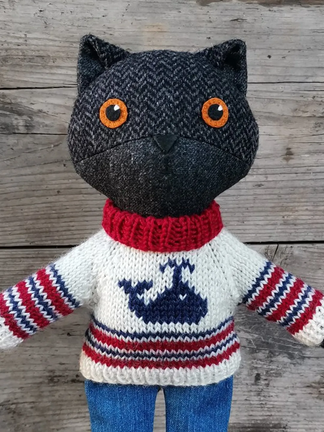 Black cat boy, handmade fabric stuffed doll, kitten wool plush toy