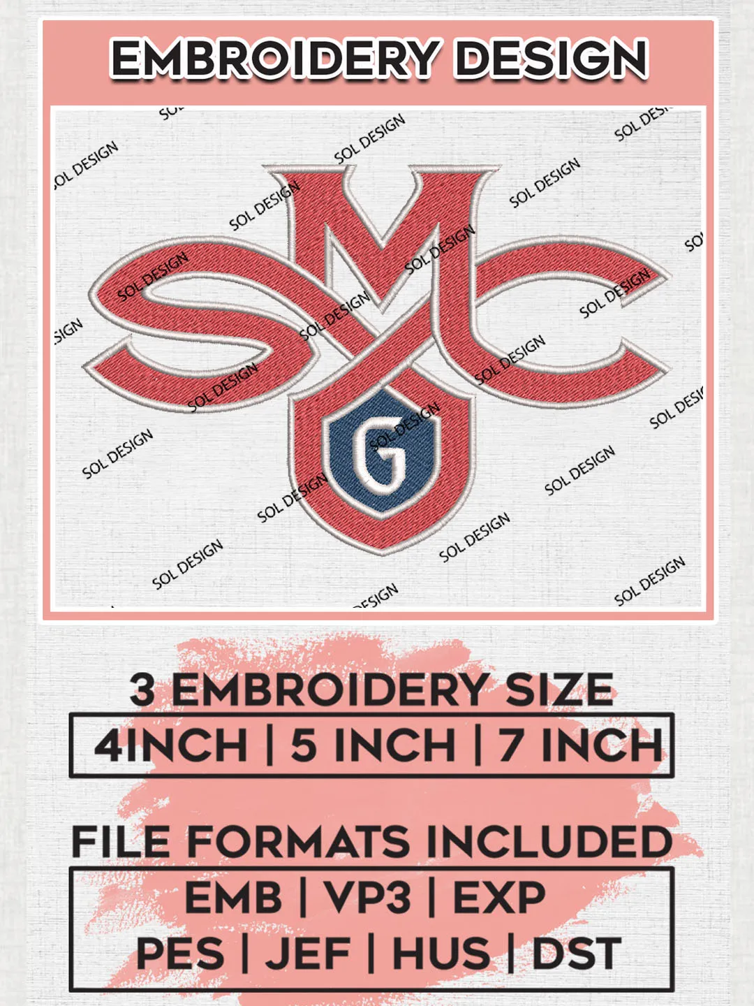 NCAA Saint Marys Gaels Team Logo Embroidery Design Files, NCAA Saint Marys Gaels Machine Embroidery, NCAA Teams, Game Day, 3 sizes, NCAA Machine embroidery designs, Digital Download