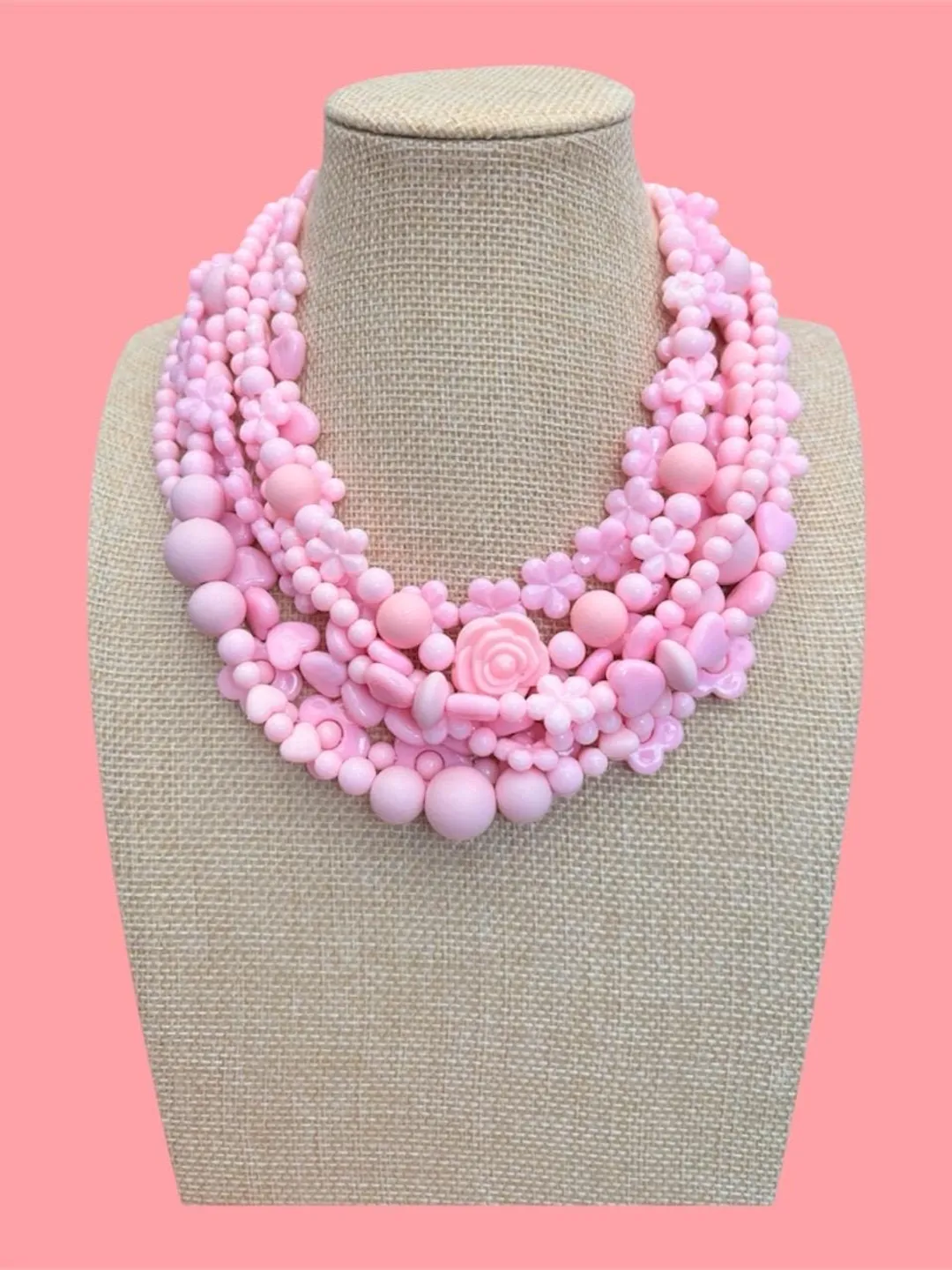 Maximalist kawaii pink beaded multi layer necklace