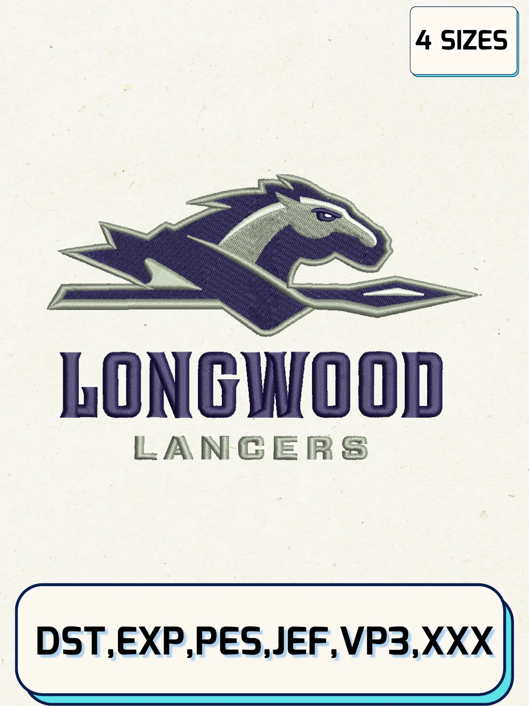 Longwood Lancers Logos Embroidery Design Files, NCAA Logos Embroidery Designs, Machine Embroidery Files, 4 Sizes