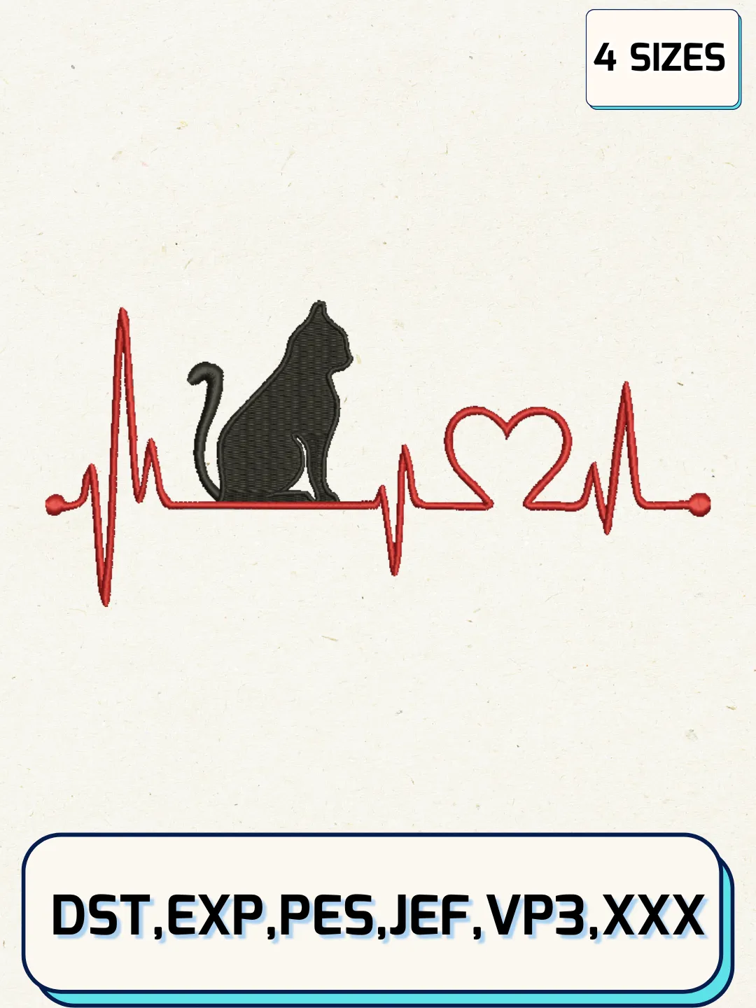 Cat Heart Embroidery Design Files, Animal Logos Embroidery Designs, Machine Embroidery Files, 4 Sizes
