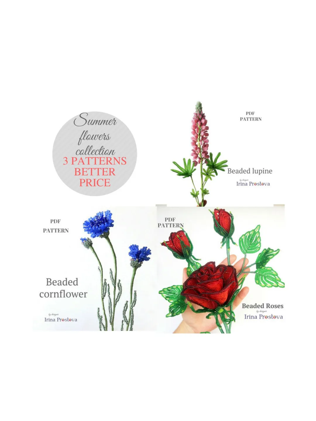 Beaded lupine, rose, cornflower | French Beaded Flowers pattern | Seed bead patterns | Beading tutorial