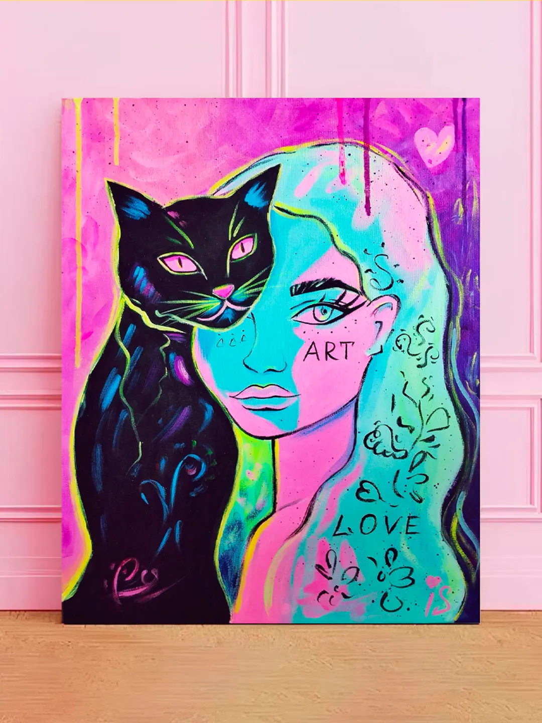 "Cat girl" neon painting, Original Acrylic Art