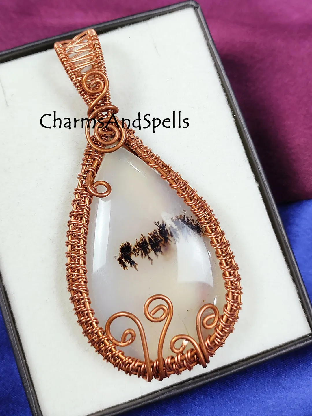 Montana Agate Pendant, Copper Wire Wrapped Boho Necklace, Rose Gold Tone Statement Jewelry