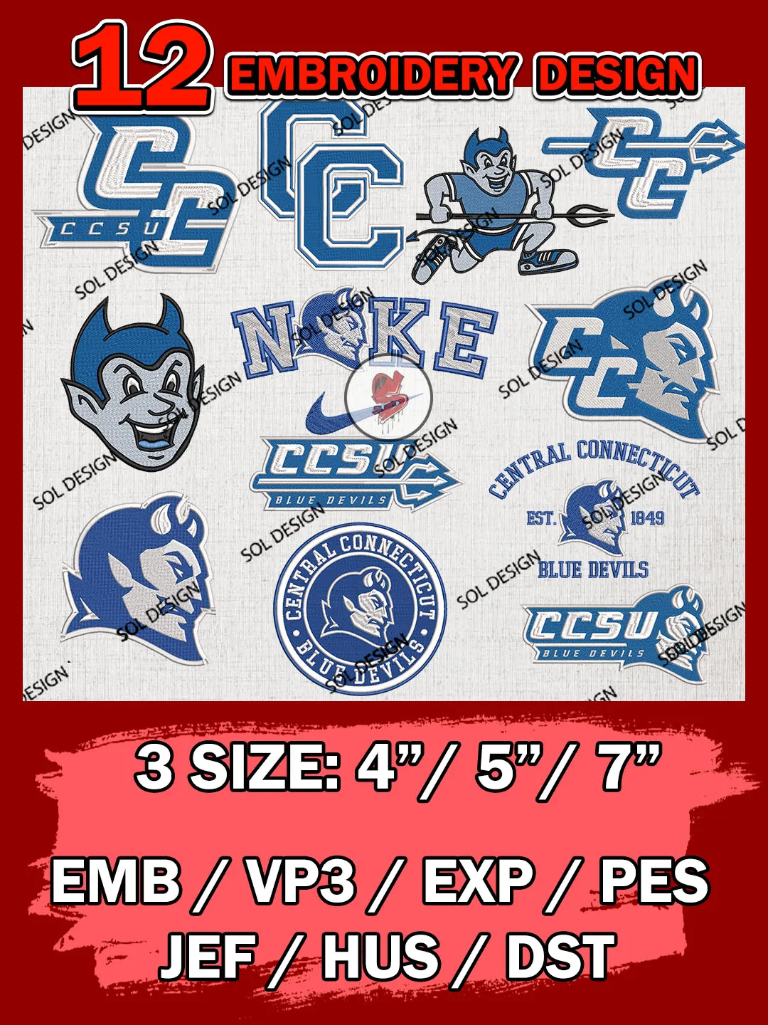 12 NCAA Central Connecticut Blue Devils Bundle Embroidery Files, NCAA Central Connecticut Blue Devils Team Bundle Embroidery Designs, NCAA Teams, National College Football Team 3 sizes, NCAA Central Connecticut Machine Embroidery, Digital Download