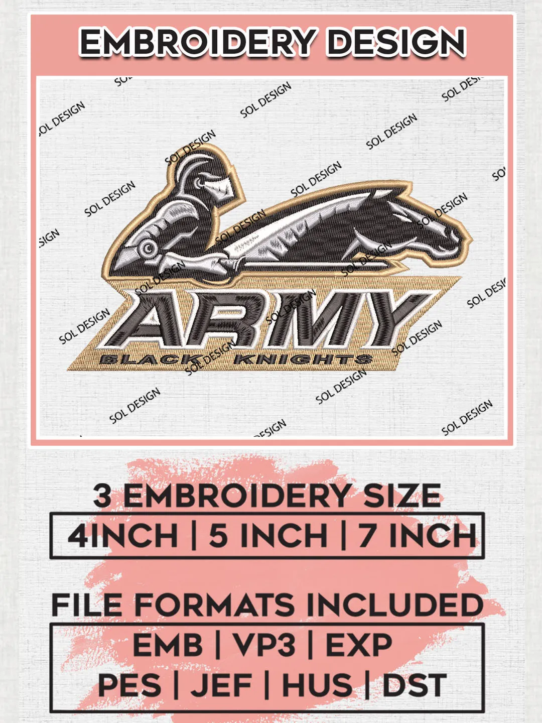 NCAA Army Black Knights Team Logo Embroidery Design Files, NCAA Army Black Knights Machine Embroidery, NCAA Teams, 3 sizes, NCAA Machine embroidery designs, Digital Download