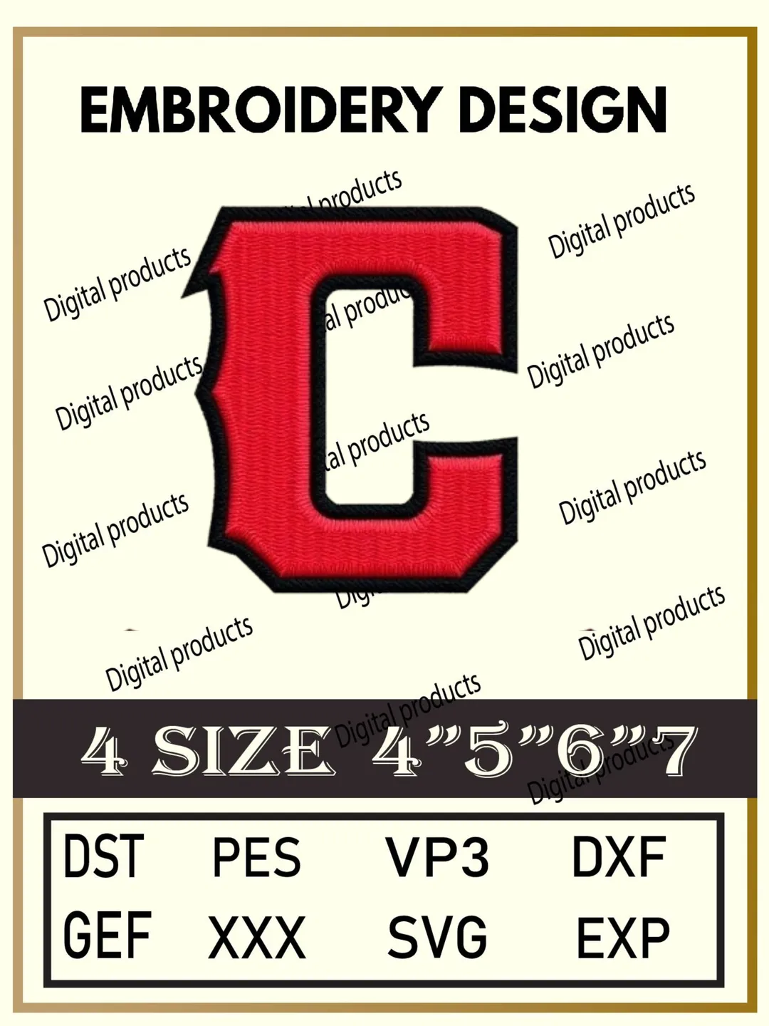 Cincinnati Reds Embroidery Design Digital Logo Pattern with Bold Red Letter C for Machine Embroidery Projects in Four Sizes with Multiple Compatible Formats Including DST, PES, VP3, DXF, GEF, XXX, SVG, EXP Download
