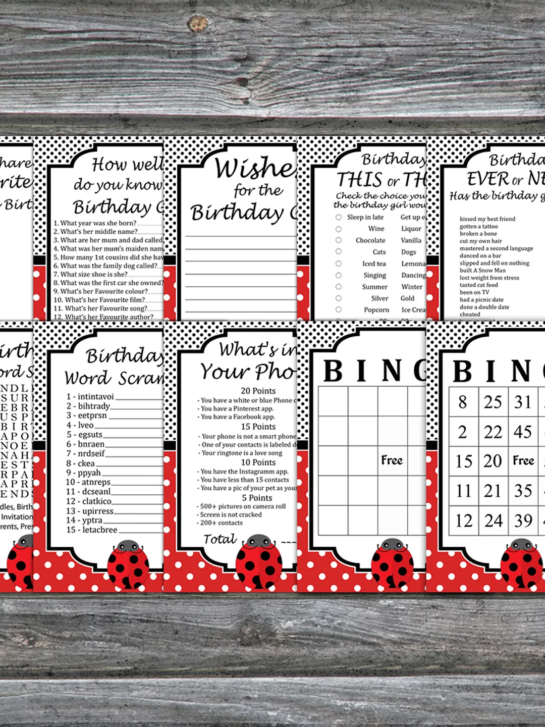 Ladybug Birthday Party Games bundle,Adult birthday games package,Printable Birthday Games,INSTANT DOWNLOAD