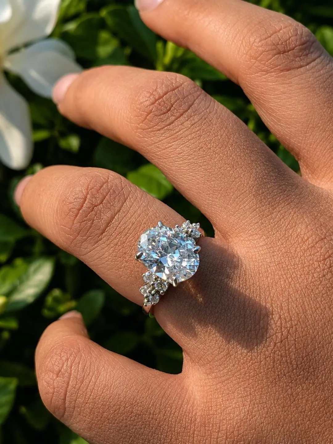 Lab Grown Moissanite Oval Ring 3.5Ct Sterling Silver Solitaire Engagement Ring with Accent Stones for Her
