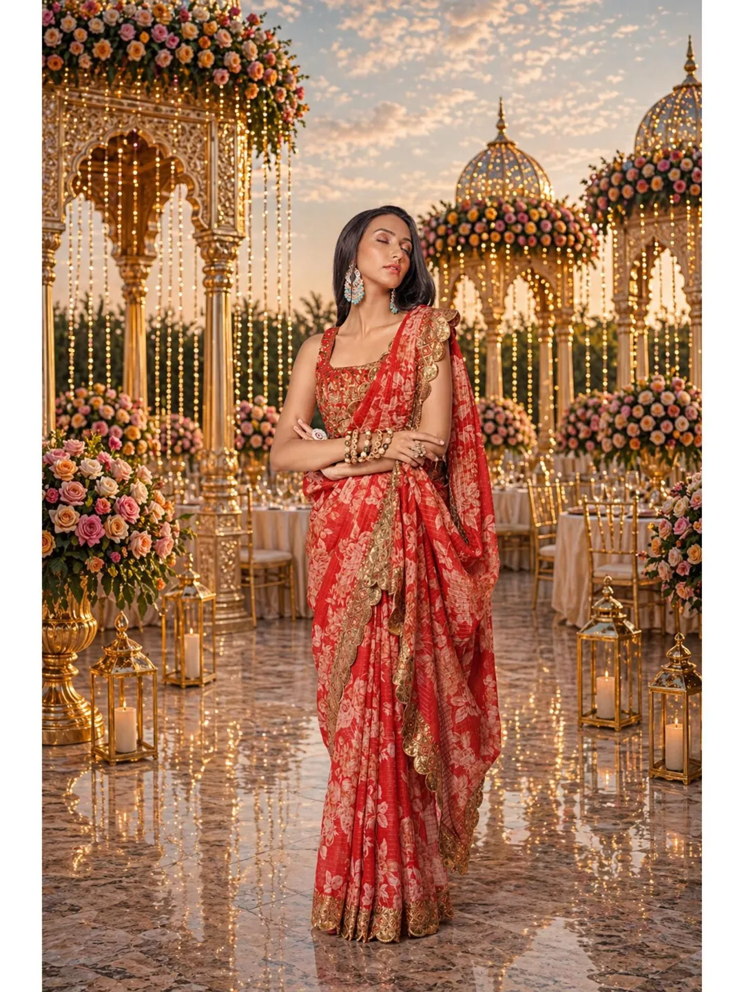 Red Georgette Saree For Women with Sequins Embroidery, Indian Wedding Wear Ready To Wear
