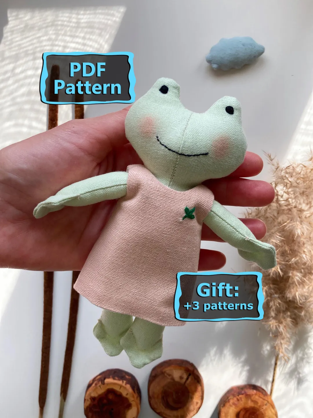 Fabric Frog Sewing Pattern PDF – 15.5 cm / 6'' Froggy Doll Tutorial – Linen Soft Toy