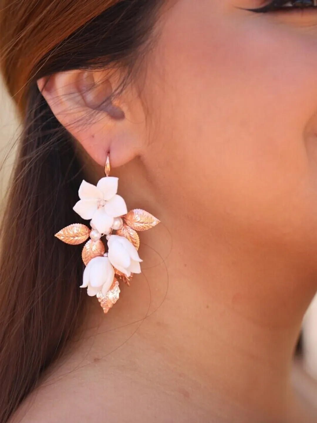 Floral Boho Wedding Earrings, Delicate Porcelain Flowers Bridal Earrings, Rose Gold Statement Leaf Rose Gold Wedding Jewelry Set, Jewellery