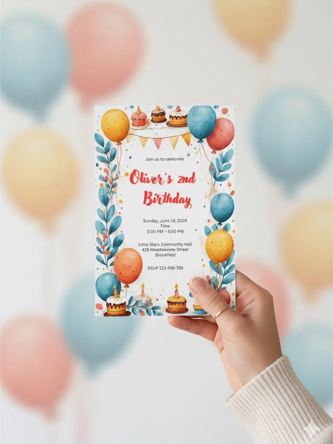 Balloon Cake Birthday Invitation 2nd Boy Girl Second Birthday Party Invite  Theme  Canva Template  Instant Download