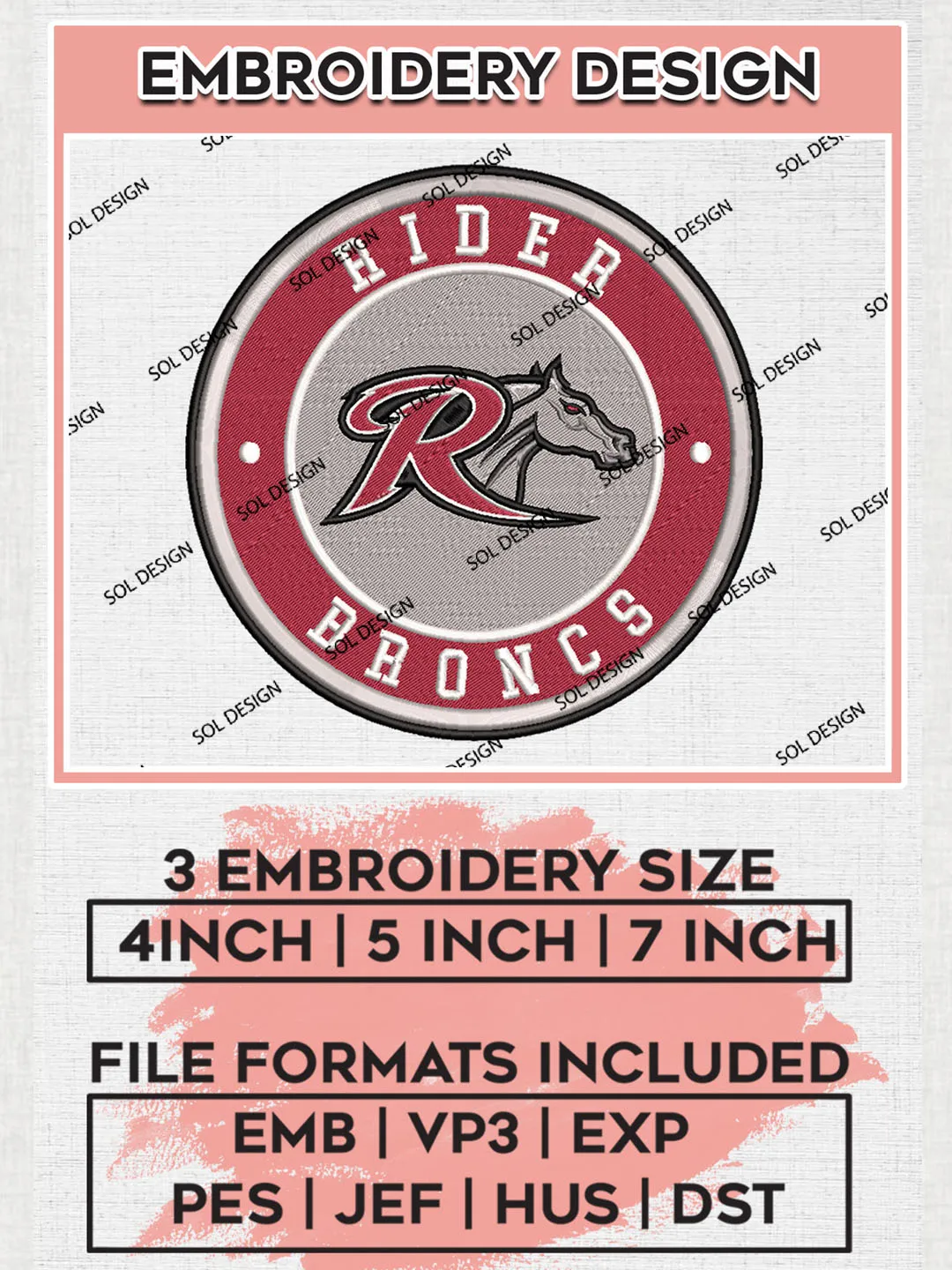 NCAA Rider Broncs Round Logo Embroidery, NCAA Rider Broncs Embroidery Design files, NCAA Teams, NCAA Machine embroidery designs, Digital Download