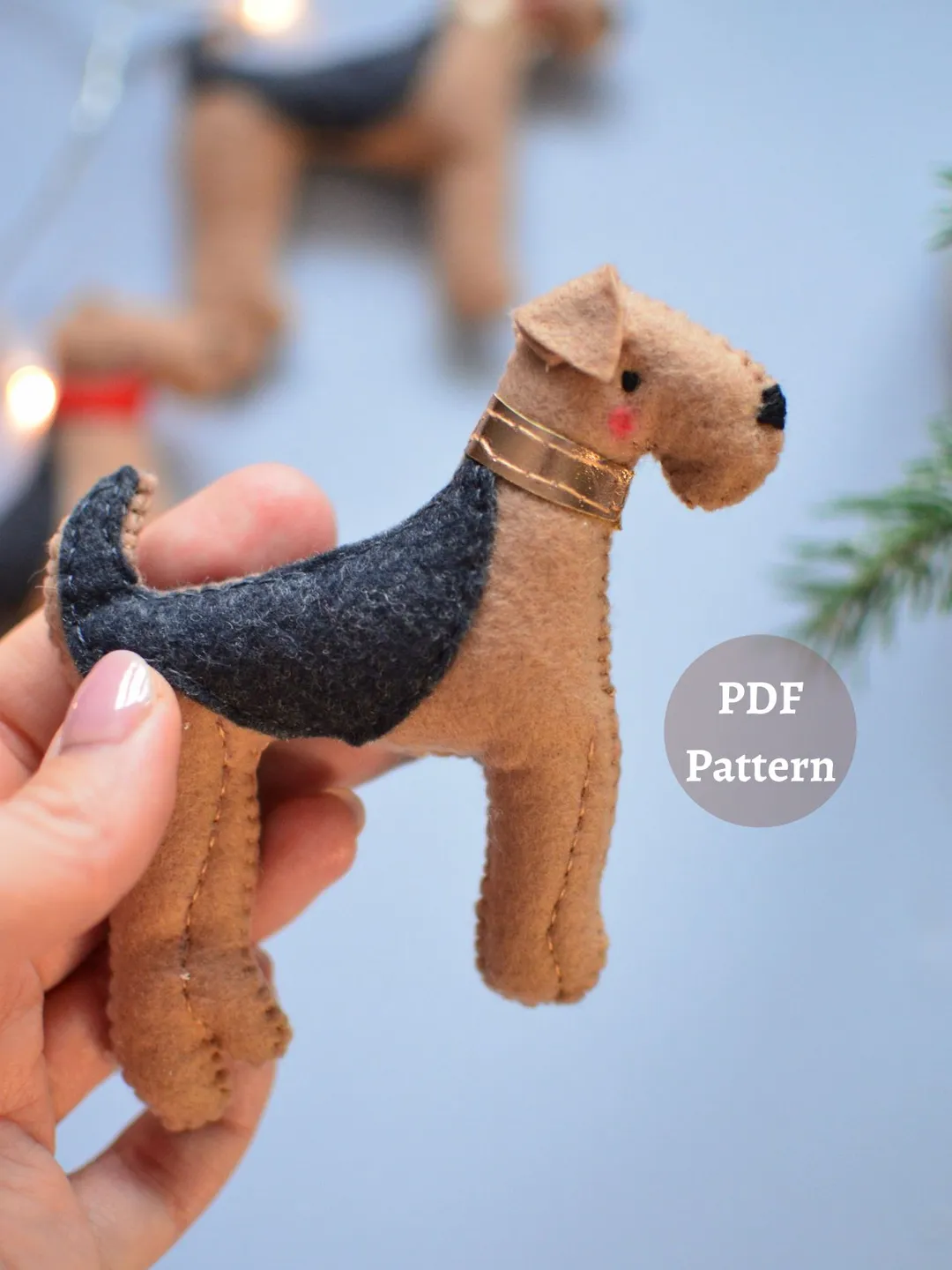 Dog PDF Sewing Pattern DIY Felt Plushie Christmas ornament Airedale terrier