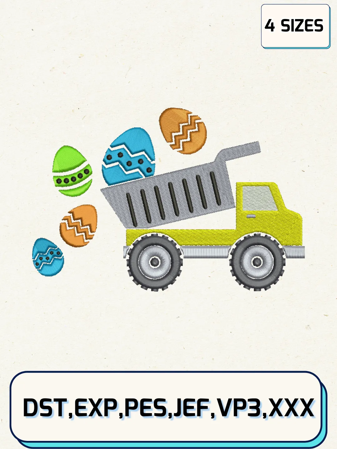 Easter Dump Truck Embroidery Design Files, Easter Day Logos Embroidery Designs, Machine Embroidery Files, 4 Sizes