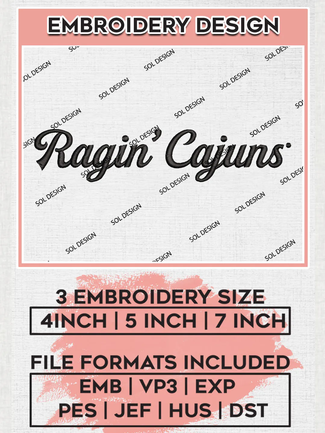 NCAA Ragin' Cajuns Team Round Logo Embroidery Design Files, NCAA Louisiana Ragin Cajuns Machine Embroidery, NCAA Teams, Game Day, 3 sizes, NCAA Machine embroidery designs, Digital Download