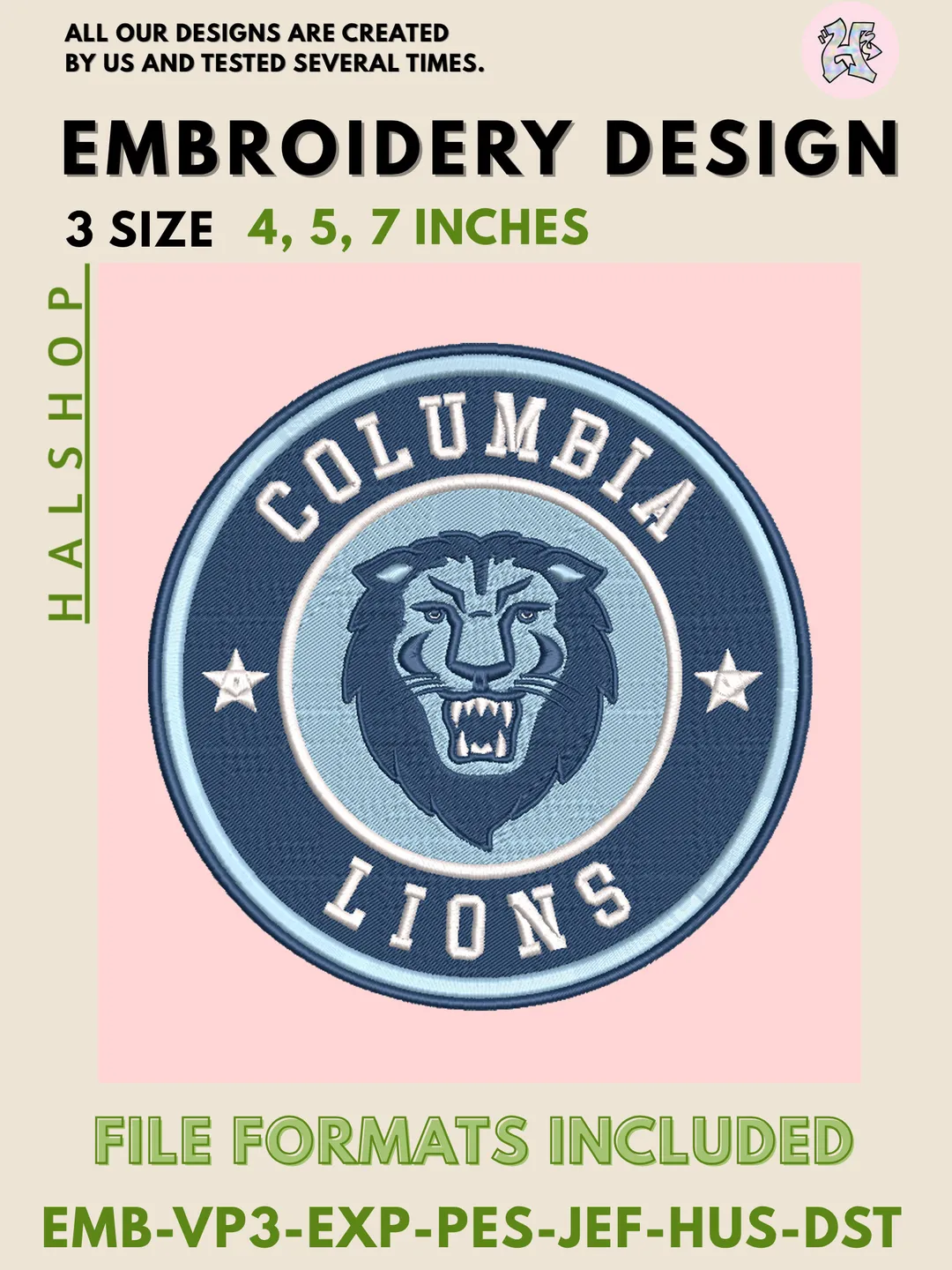 NCAA Columbia Lions Mascot Logo Embroidery Design, NCAA Columbia Lions Machine Embroidery, College Teams, 3 Sizes, Instant Digital Download