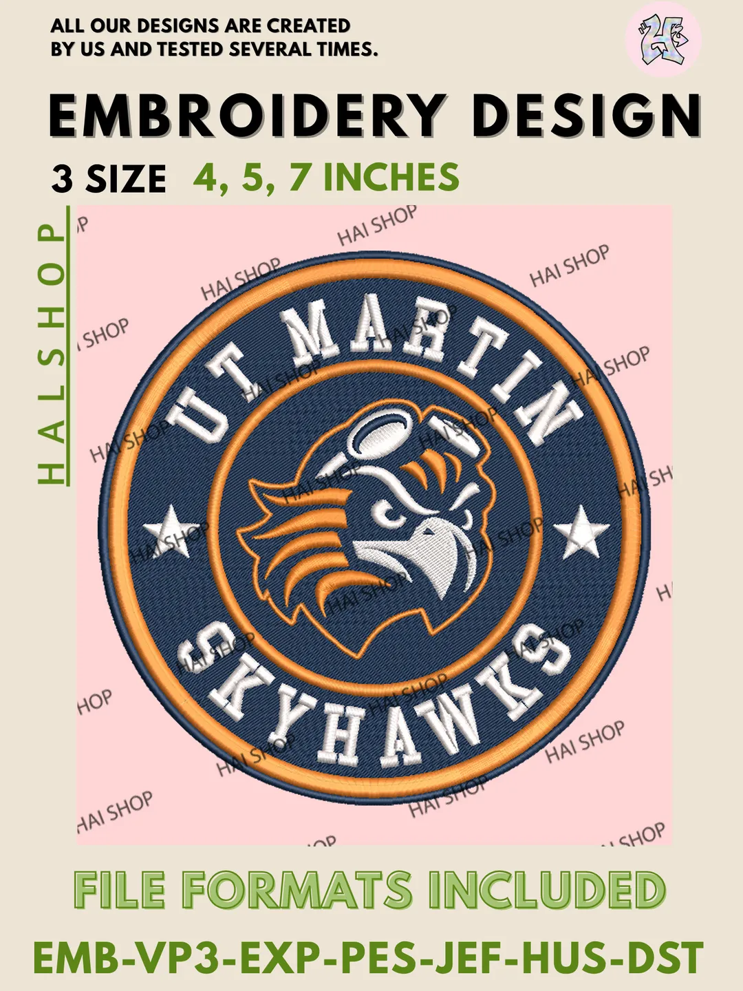 NCAA UT Martin Skyhawks Team Logo Machine Embroidery Design Files, College Sports Mascot Logo Embroidery, Instant Digital Download