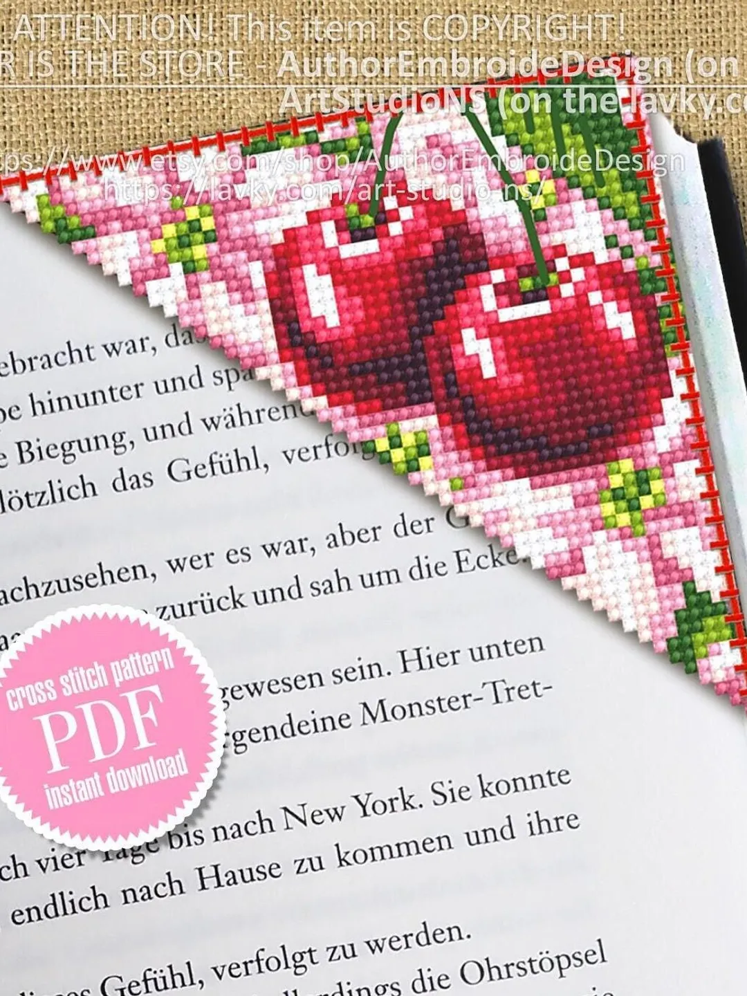 Corner bookmark cross stitch pattern PDF download Spring cross stitch chart, Floral bookmark corner digital PDF Сherry blossom Berries #B180