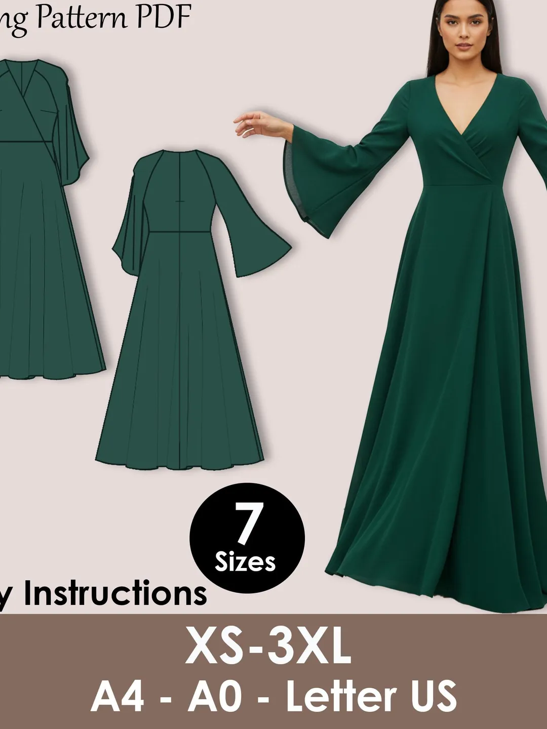 Maxi Wrap Dress Sewing Pattern PDF | Long Bell Sleeve Dress XS-3XL |  Elegant Evening