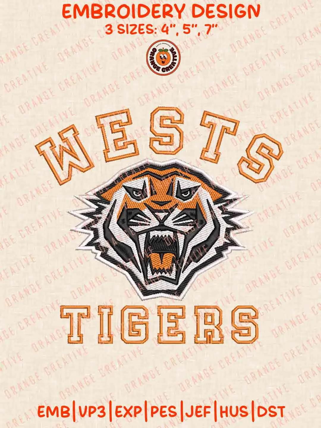 Wests Tigers NRL Rugby Logos Embroidery Design, NRL Team Machine Embroidery Digitized Pes File, 4 Sizes, Custom Size, Instant Download