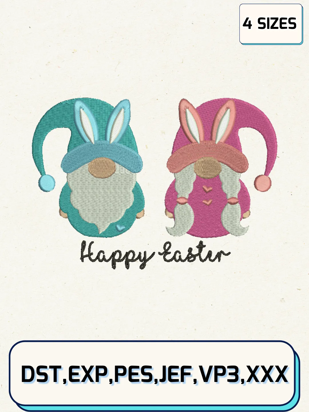 Gnomes Happy Easter Day Embroidery Design Files, Easter Day Logos Embroidery Designs, Machine Embroidery Files, 4 Sizes