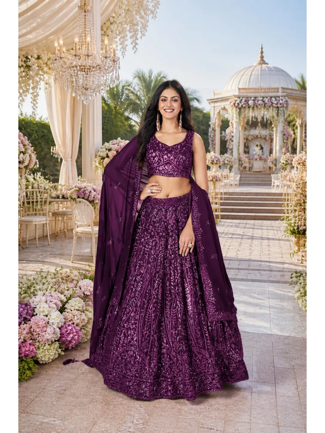 Purple Ready To Wear Lehenga Choli: Sequins Embroidery Indian Wedding Wear