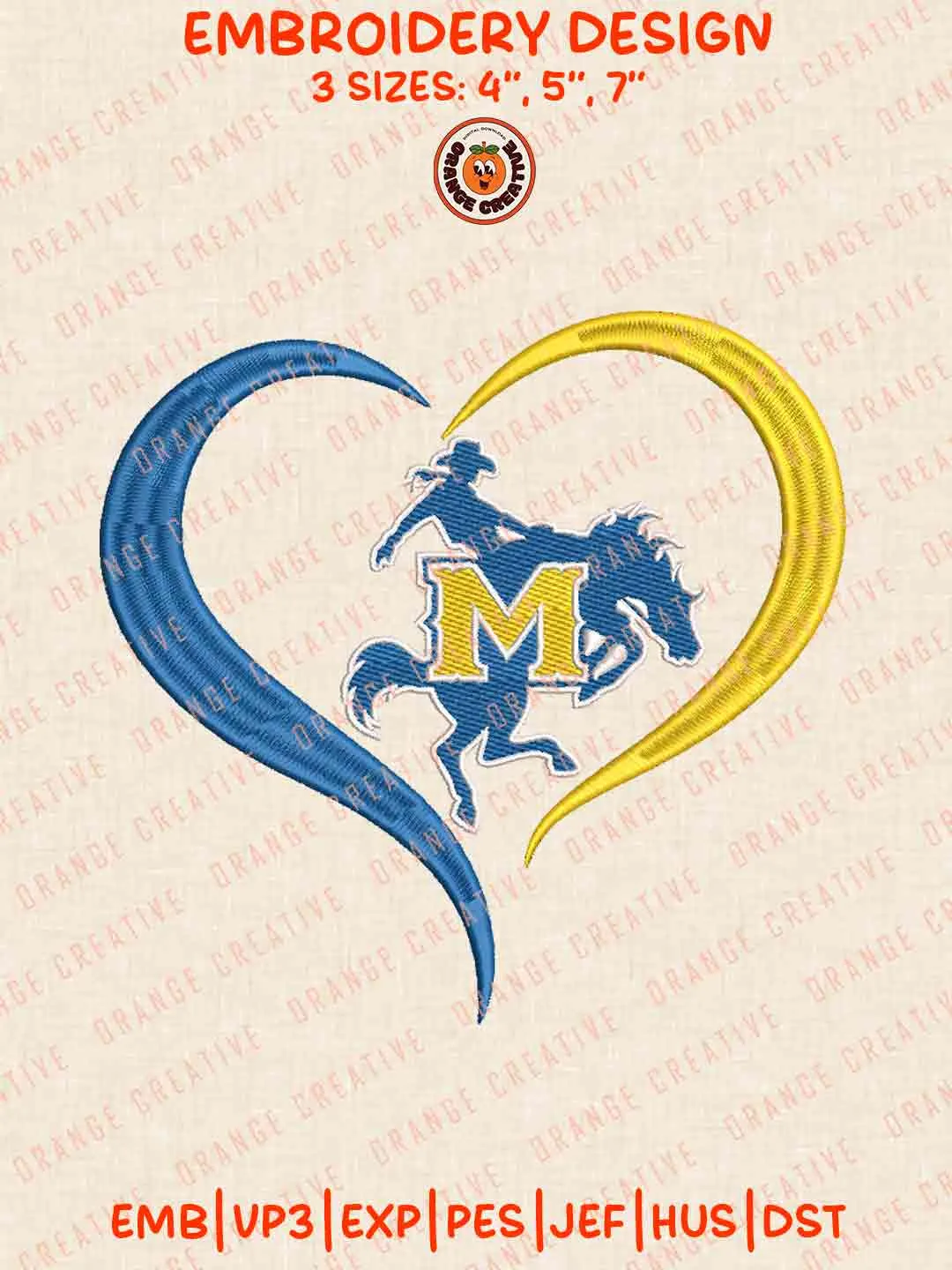 McNeese Cowboy Heart Embroidery Design Files, Football Embroidery Designs, Sport Machine Embroidery Files, 3 Sizes, Custom Sizes, Instant Download