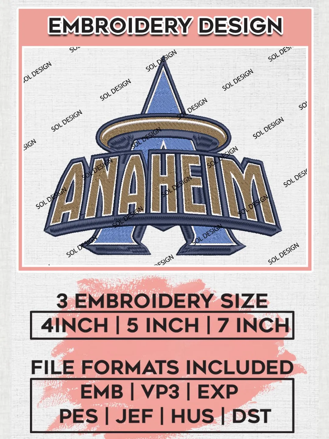 Anaheim Logo Embroidery Files, MLB Los Angeles Angels Team Embroidery, MLB Teams, 3 sizes, MLB Machine embroidery designs, Digital Download