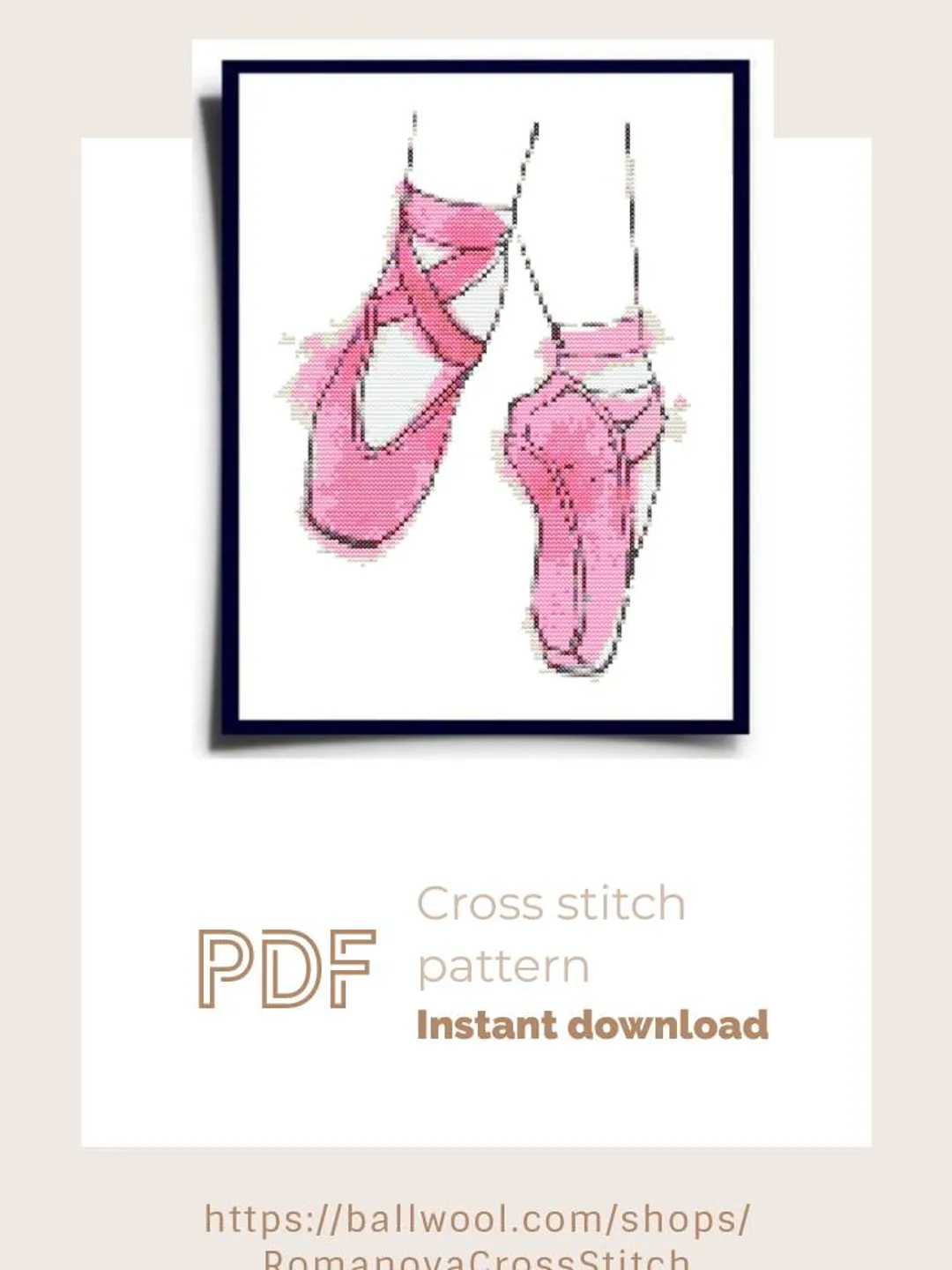 Pink pointe shoes cross stitch PDF pattern, Watercolor embroidery design, Instant download