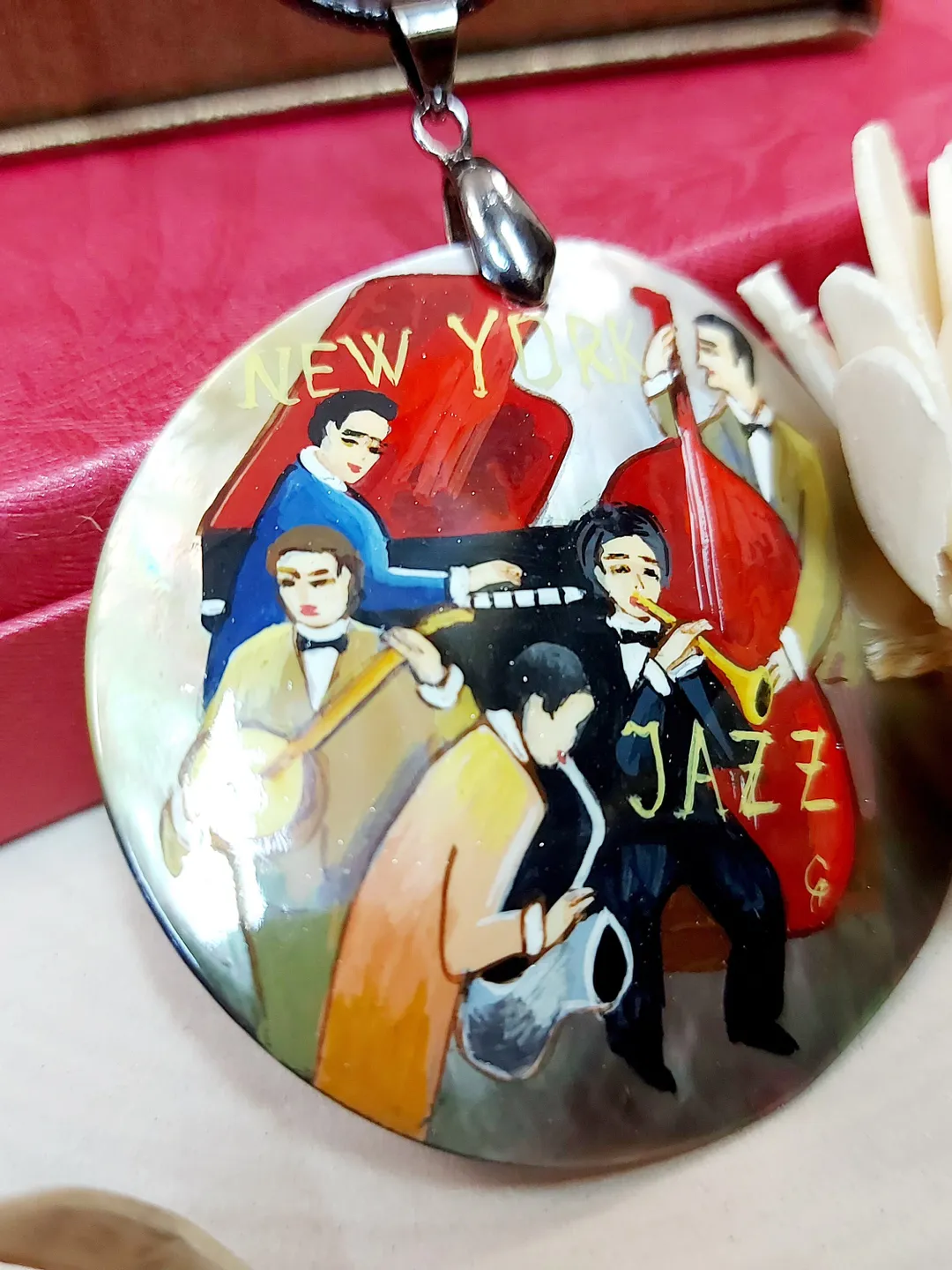 Necklace "Jazz". Mother-of-pearl Russian hand-painted. Hand paint necklace pendant. MOP.Hand painted miniature painting