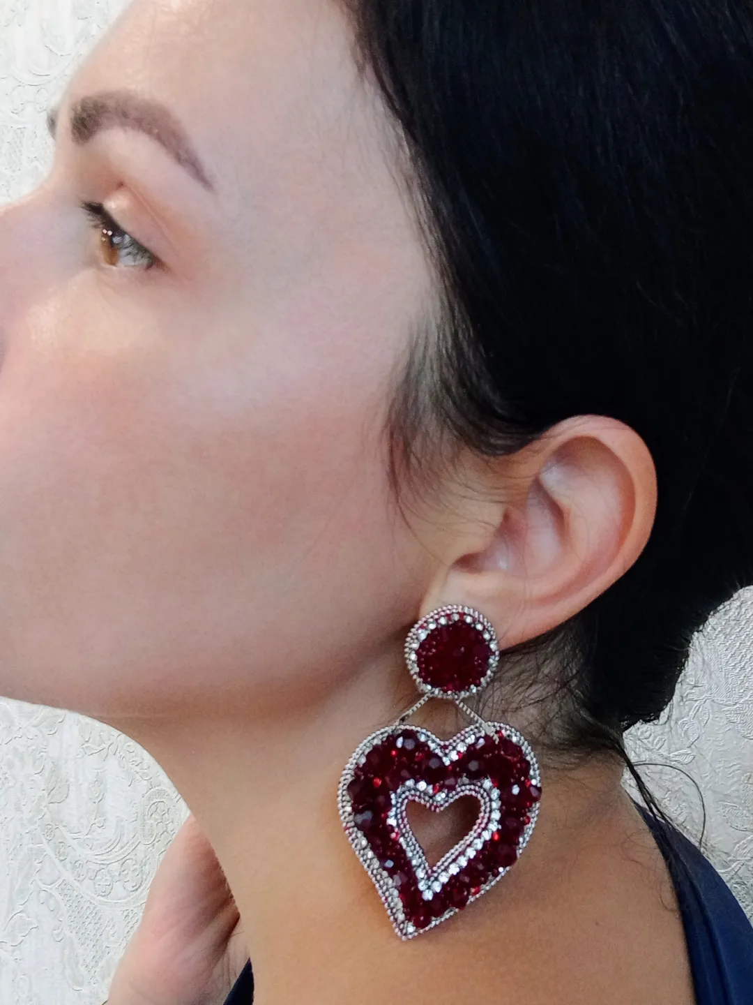 Crystal statement Red heart shaped earrings for women-big love earrings- dangle valentines earrings-heart gift for her