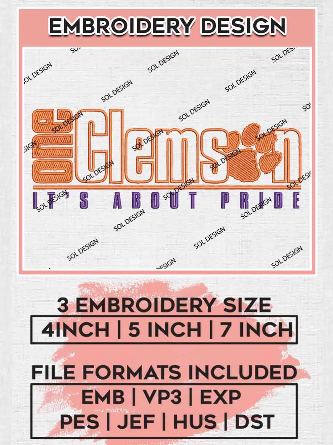 Clemson Tigers It's About Pride Logo Embroidery Designs, NCAA Logo Embroidery files, NCAA Clemson Tigers Team, College Football Team Machine embroidery designs, Digital Download
