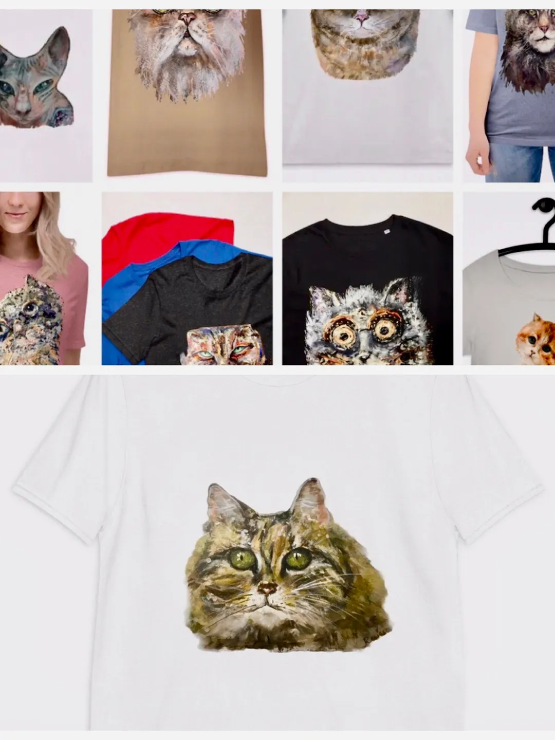 Lovely cat Short-Sleeve Unisex T-Shirt made with my original watercolor cat portrait,cat lovers wearable gifts,t shirts for her.