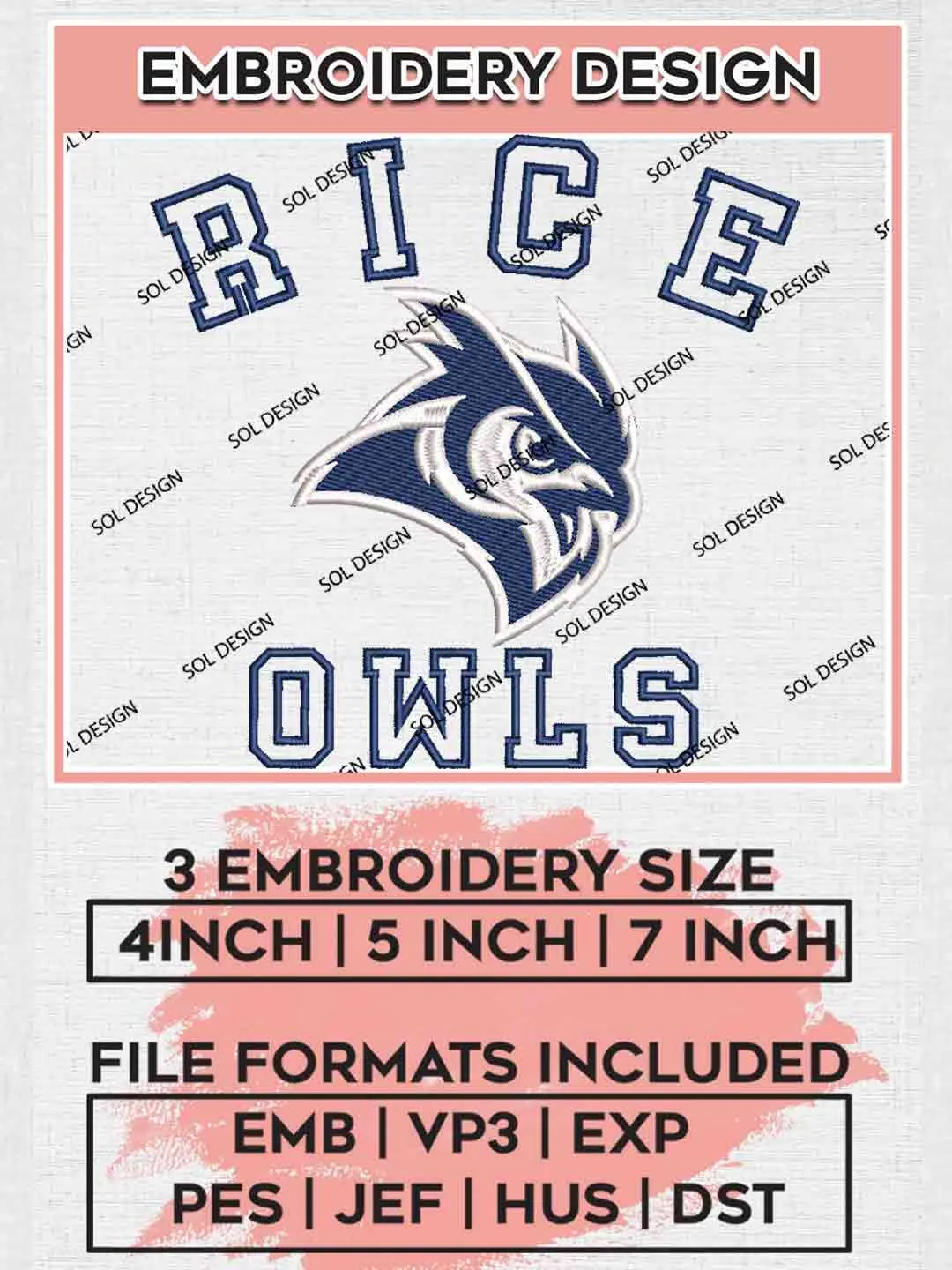 Rice Owls Logo Embroidery Designs, NCAA Logo Embroidery files, NCAA Rice Owls Team, Machine embroidery designs, Instant Download
