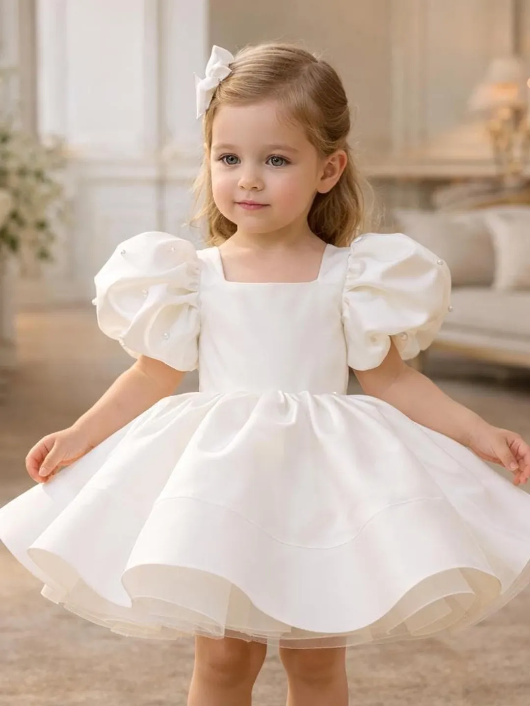 Luxury White Flower Girl Dress for Toddler, Puff Sleeve Baby Girl Party  Dress, Elegant Birthday Outfit,