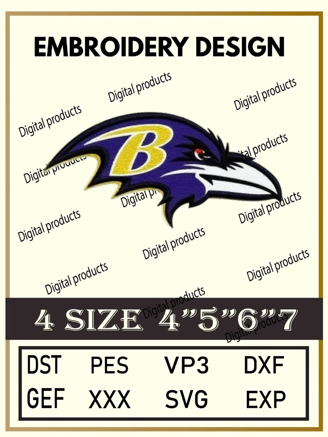 Baltimore Ravens Embroidery Design Digital Logo Pattern with Stylized Raven Head and Bold Yellow B for Machine Embroidery Projects in Four Sizes with Multiple Compatible Formats Including DST, PES, VP3, DXF, GEF, XXX, SVG, EXP Download