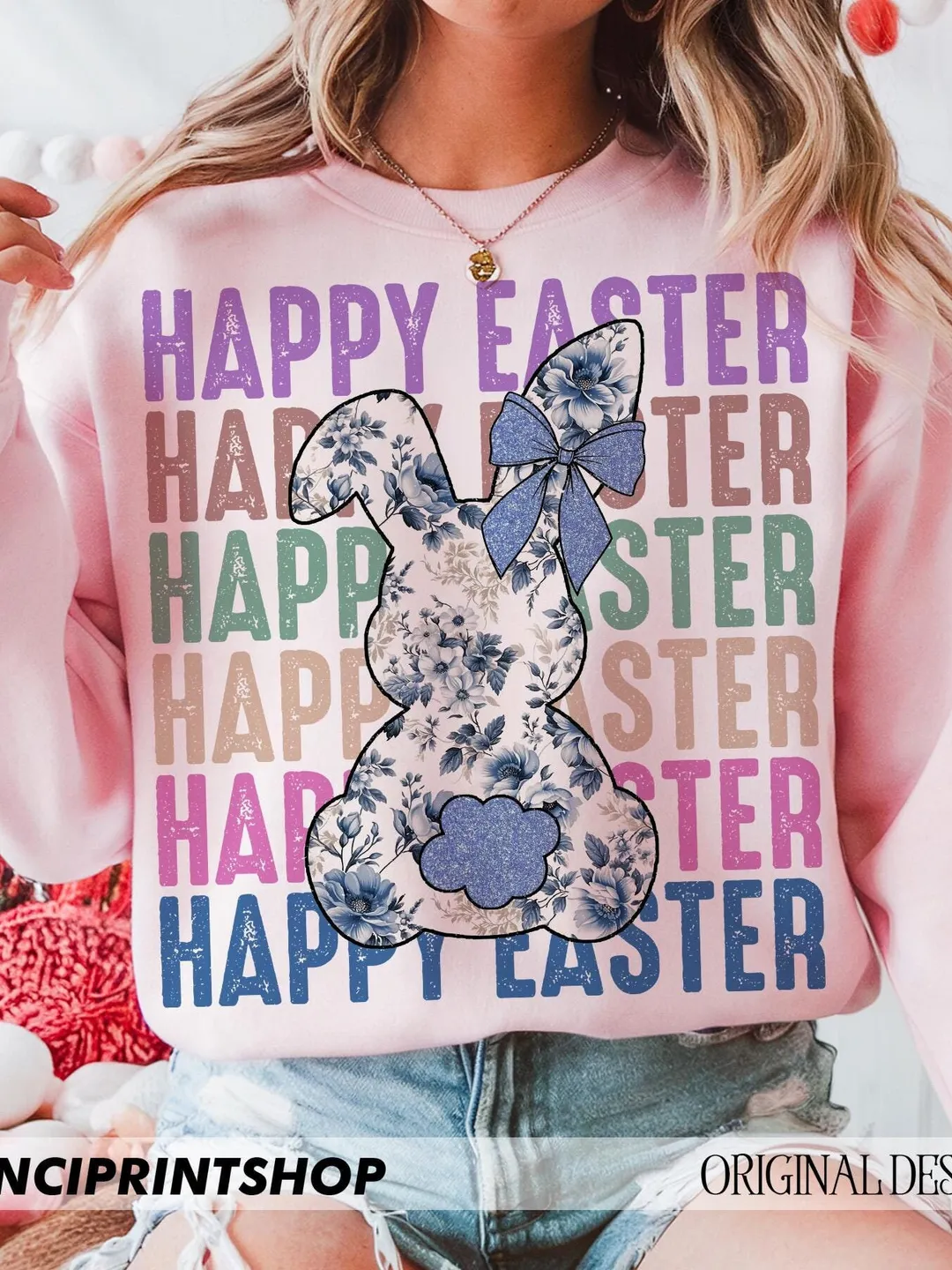 Happy Easter Stacked Blue Floral Chinoiserie Bunny Rabbit Printable, Happy Easter Bunny PNG, Easter Bunny png, Easter png, Bunny Sublimation