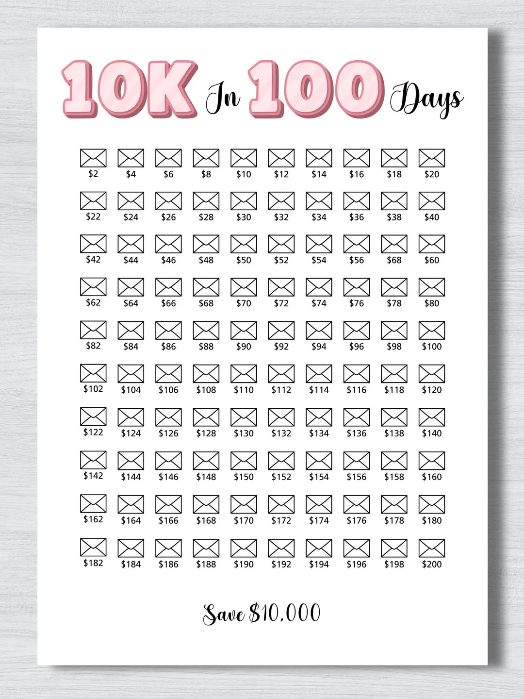 100days saving challenge リフィルのみ　大理石ハート柄 10K in 100 Days Savings Challenge Printable, 10,000 Money Saving