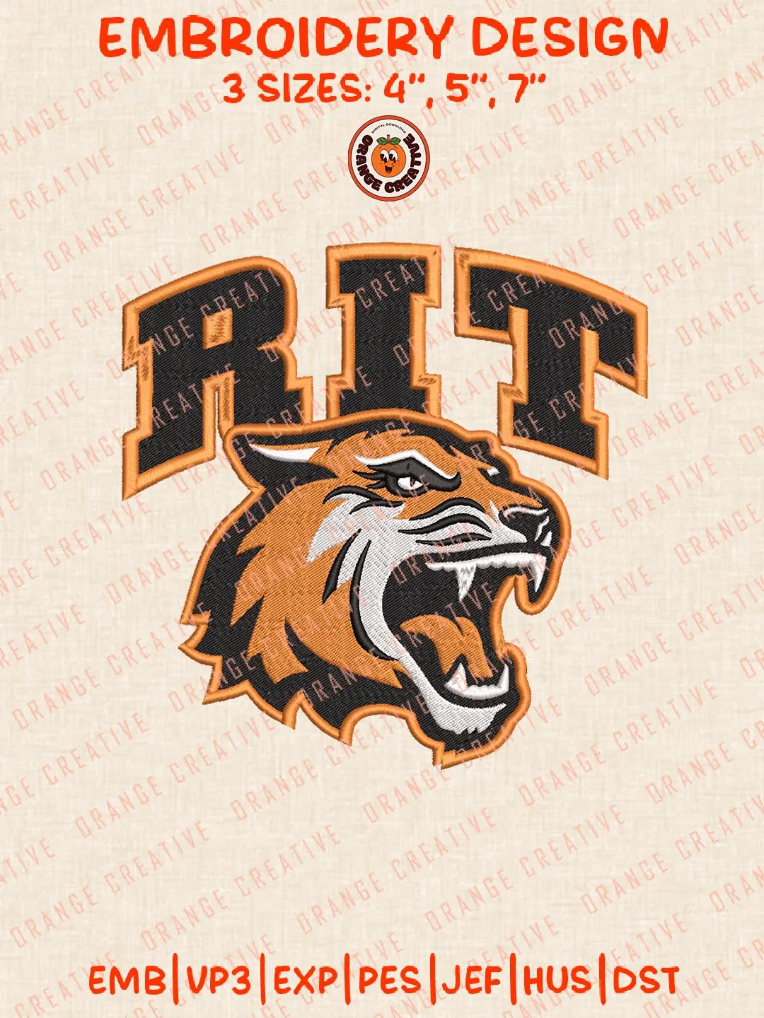 RIT Mascot Embroidery Design, NCAA RIT Tigers Team Logo Embroidery Design, Machine Embroidery Design File, 4 Sizes, Custom Size, Digital Download