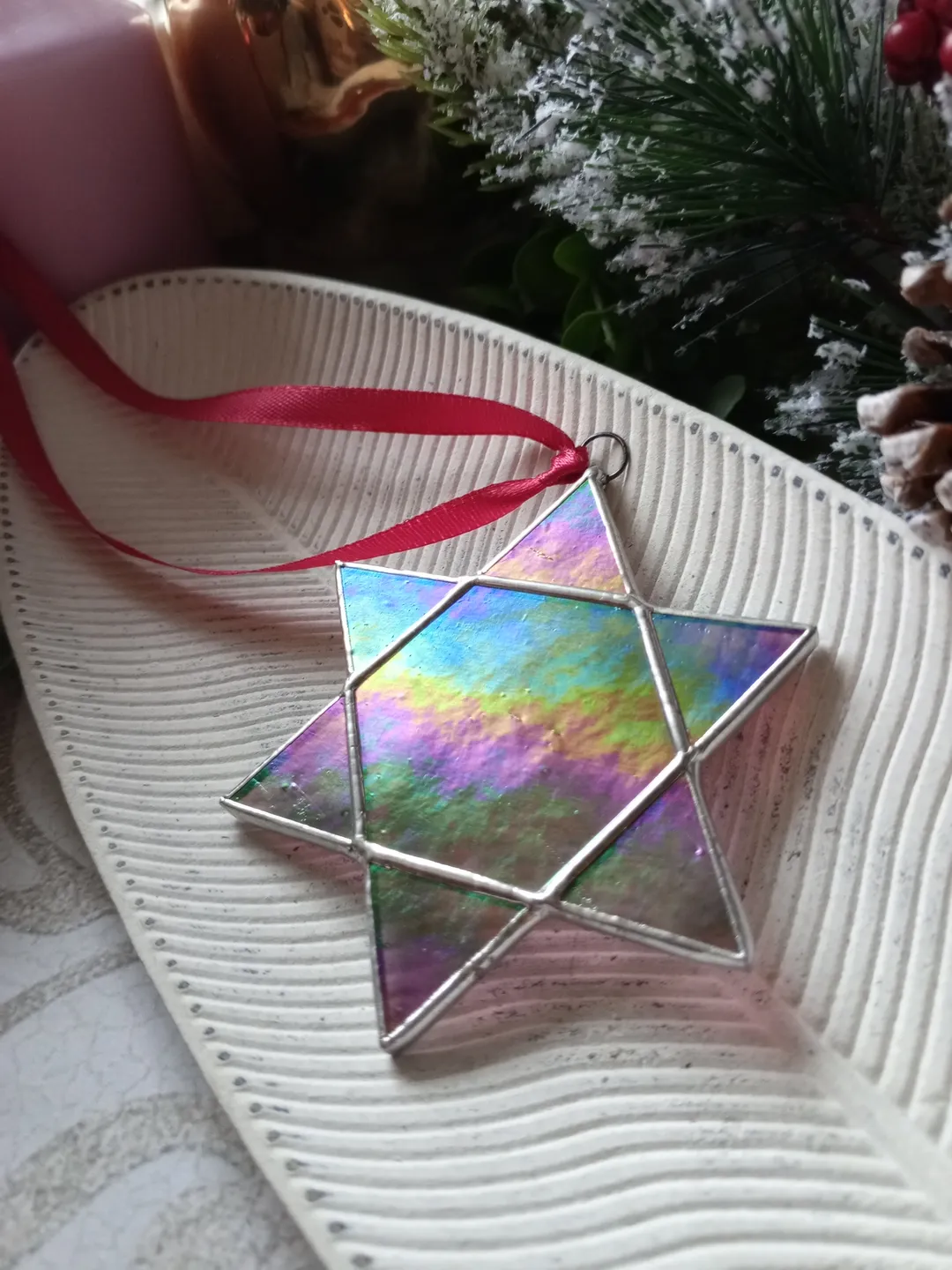 Hanukkah jewish star, merkaba snowflake decorations iridescent stained ...