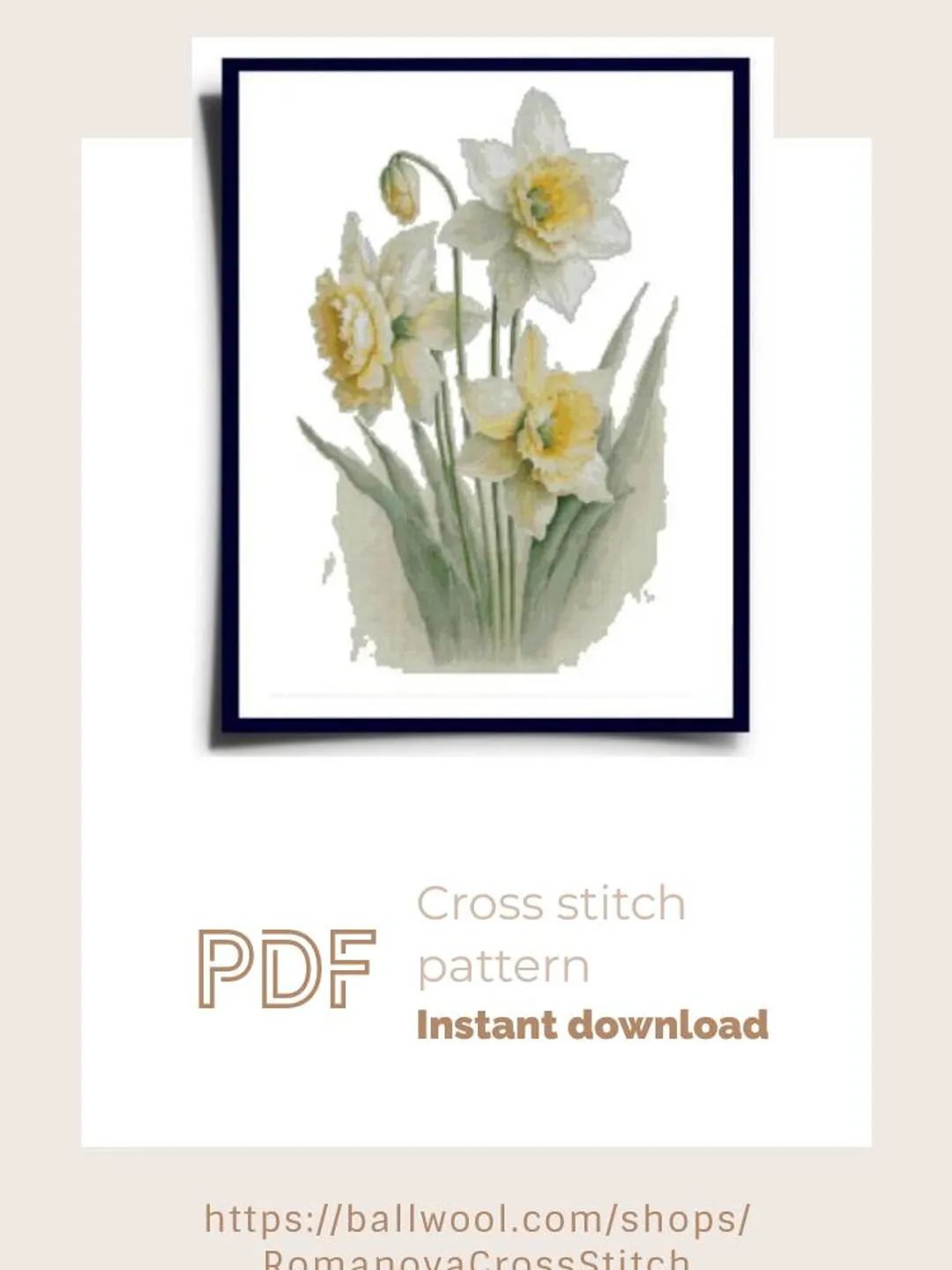 Watercolor daffodils cross stitch PDF pattern, Flower embroidery design, Instant download
